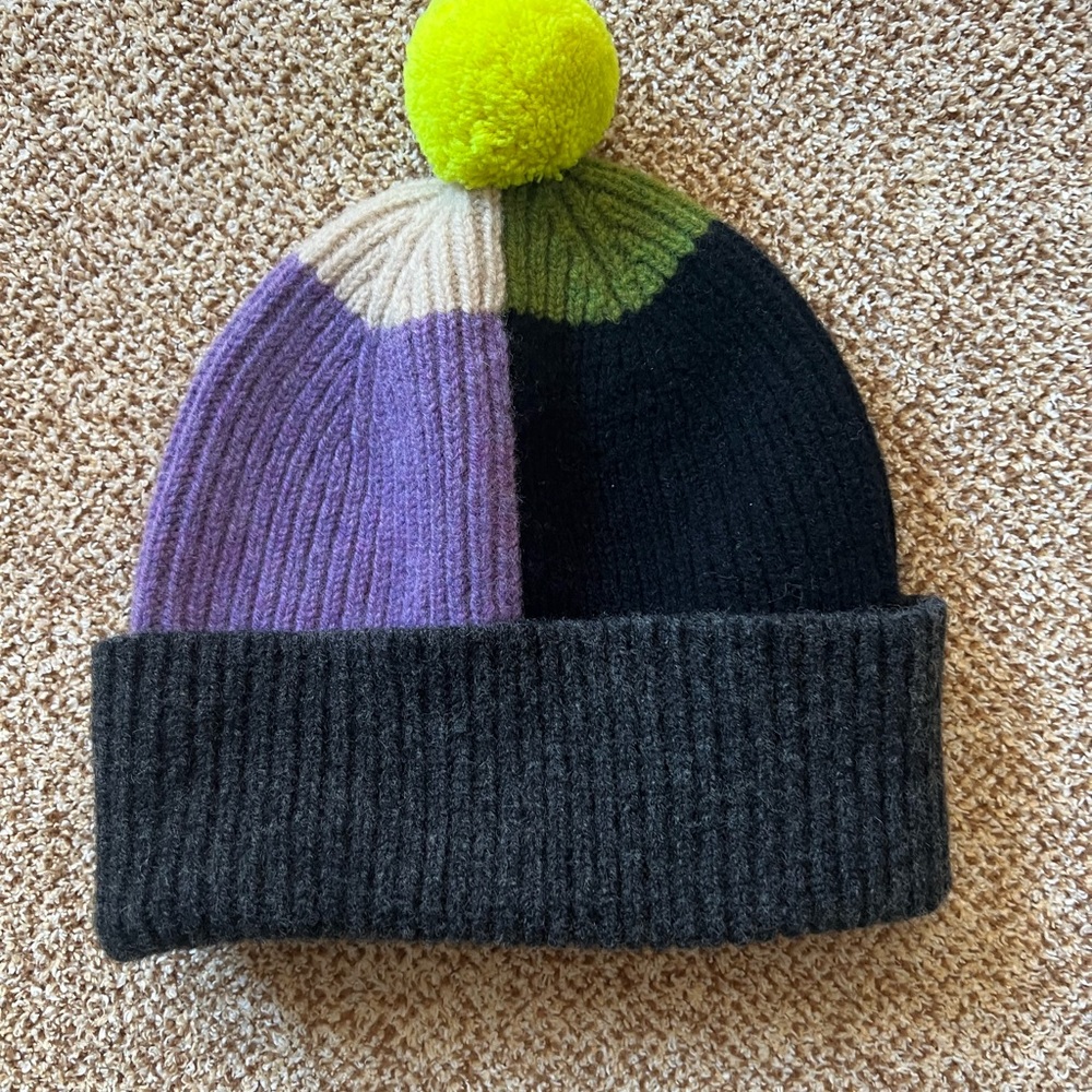 Womens Wool Colorblock Pom Beanie - Black, Purple, Green